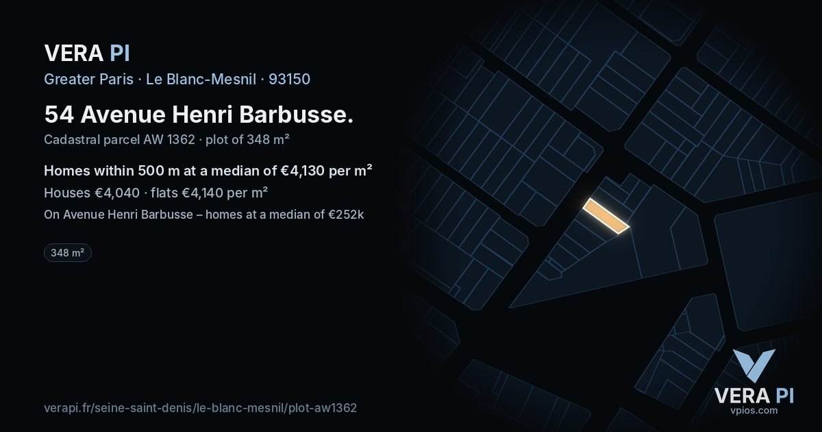 54 Avenue Henri Barbusse, Le Blanc-Mesnil at night – the plot lit, the parcels around coloured by the prices near them
