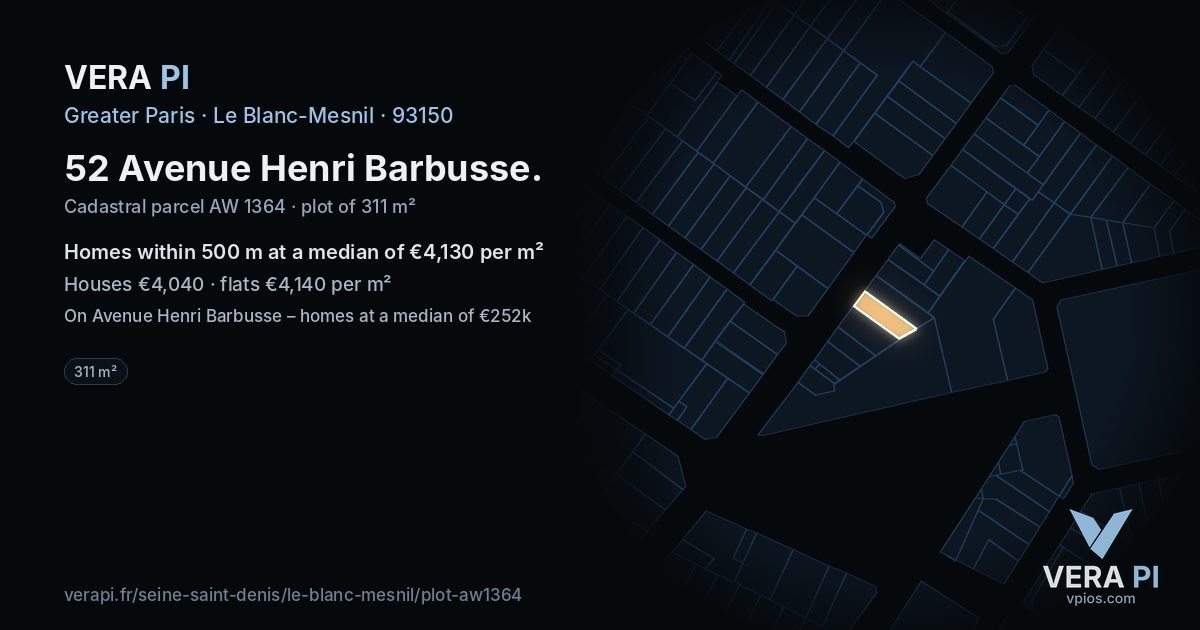 52 Avenue Henri Barbusse, Le Blanc-Mesnil at night – the plot lit, the parcels around coloured by the prices near them