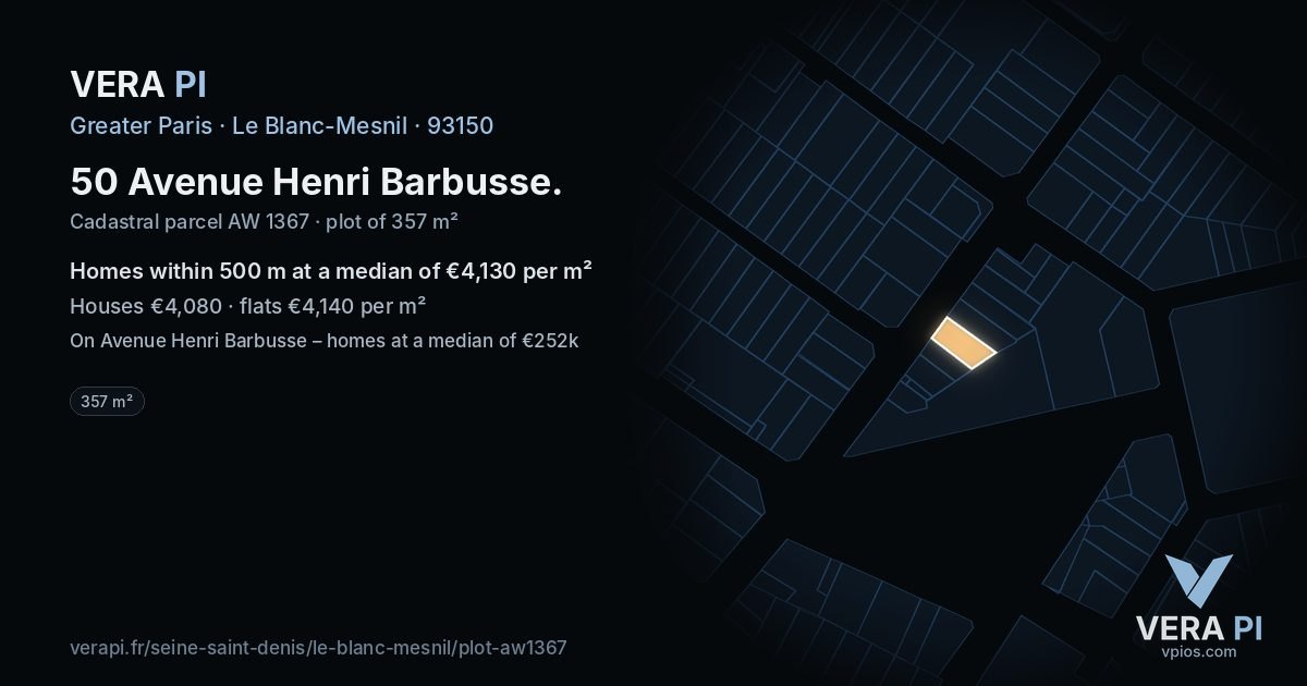 50 Avenue Henri Barbusse, Le Blanc-Mesnil at night – the plot lit, the parcels around coloured by the prices near them