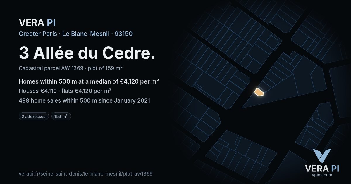 3 Allée du Cedre, Le Blanc-Mesnil at night – the plot lit, the parcels around coloured by the prices near them