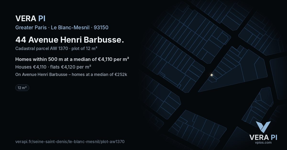 44 Avenue Henri Barbusse, Le Blanc-Mesnil at night – the plot lit, the parcels around coloured by the prices near them