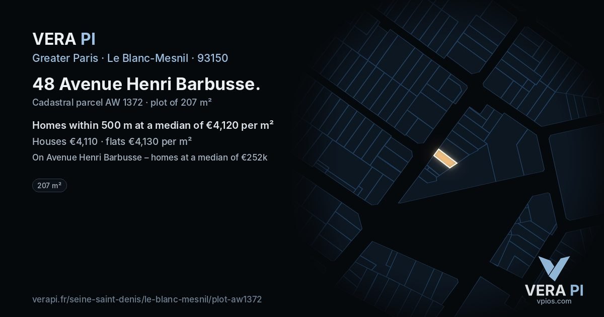 48 Avenue Henri Barbusse, Le Blanc-Mesnil at night – the plot lit, the parcels around coloured by the prices near them