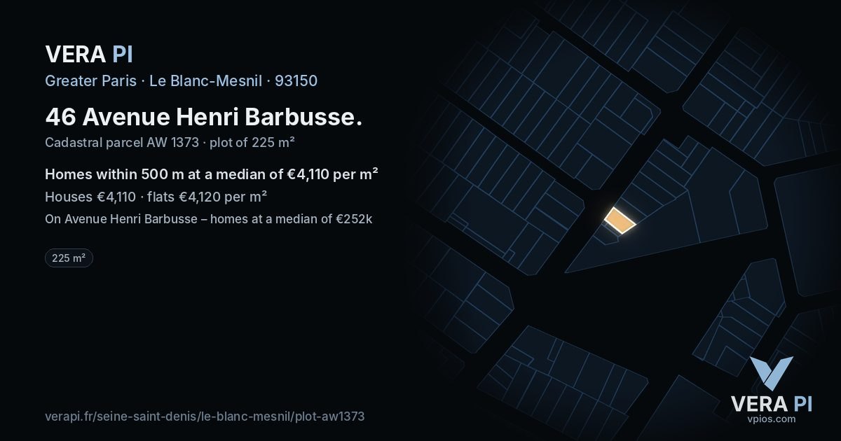 46 Avenue Henri Barbusse, Le Blanc-Mesnil at night – the plot lit, the parcels around coloured by the prices near them