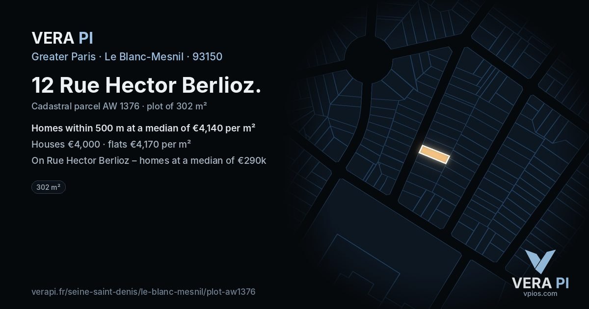 12 Rue Hector Berlioz, Le Blanc-Mesnil at night – the plot lit, the parcels around coloured by the prices near them