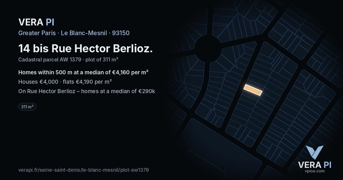 14 bis Rue Hector Berlioz, Le Blanc-Mesnil at night – the plot lit, the parcels around coloured by the prices near them