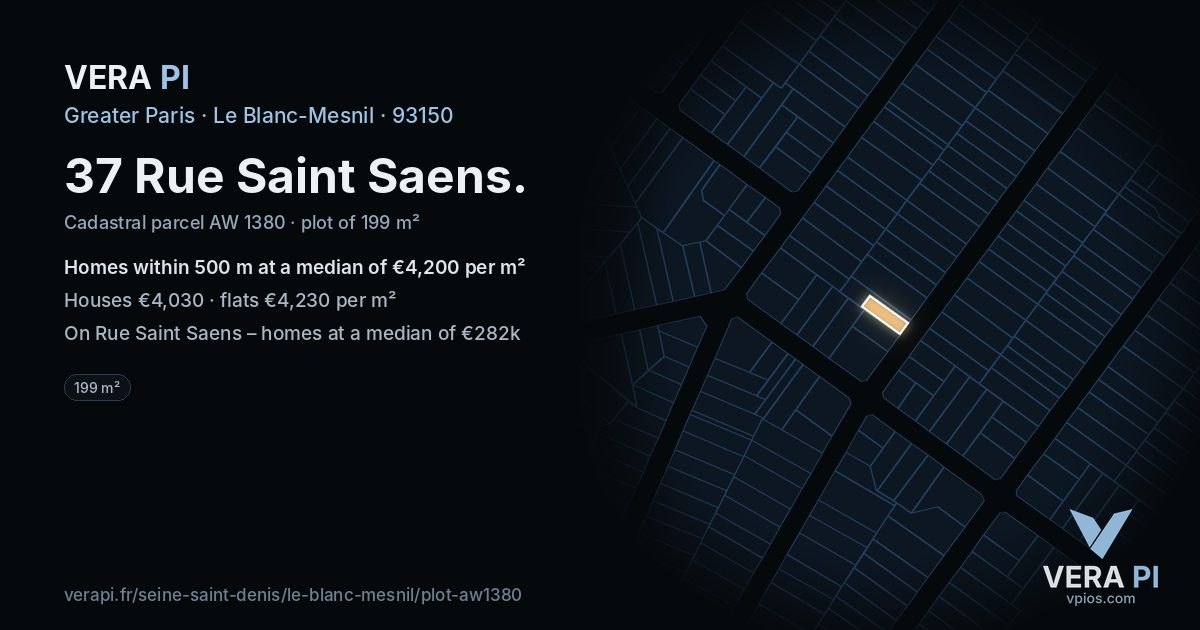 37 Rue Saint Saens, Le Blanc-Mesnil at night – the plot lit, the parcels around coloured by the prices near them