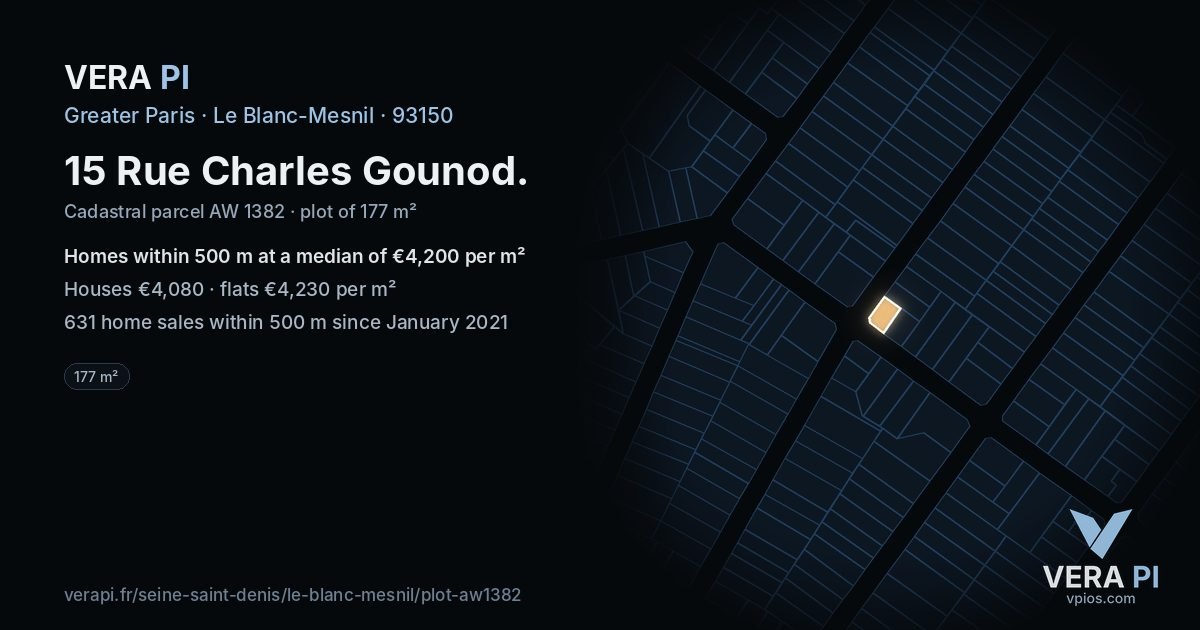 15 Rue Charles Gounod, Le Blanc-Mesnil at night – the plot lit, the parcels around coloured by the prices near them