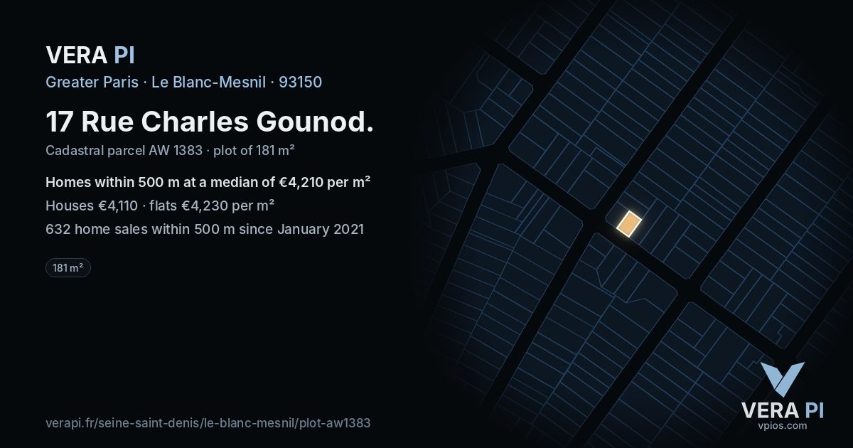 17 Rue Charles Gounod, Le Blanc-Mesnil at night – the plot lit, the parcels around coloured by the prices near them