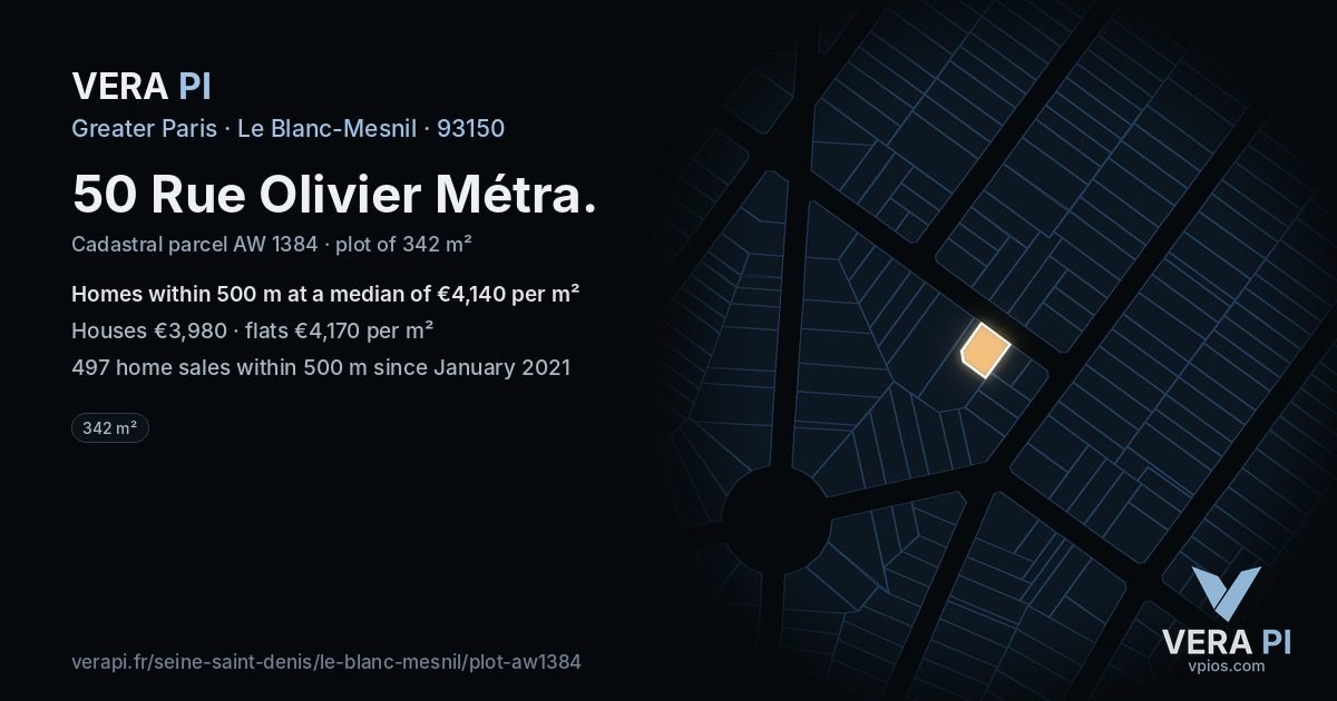 50 Rue Olivier Métra, Le Blanc-Mesnil at night – the plot lit, the parcels around coloured by the prices near them