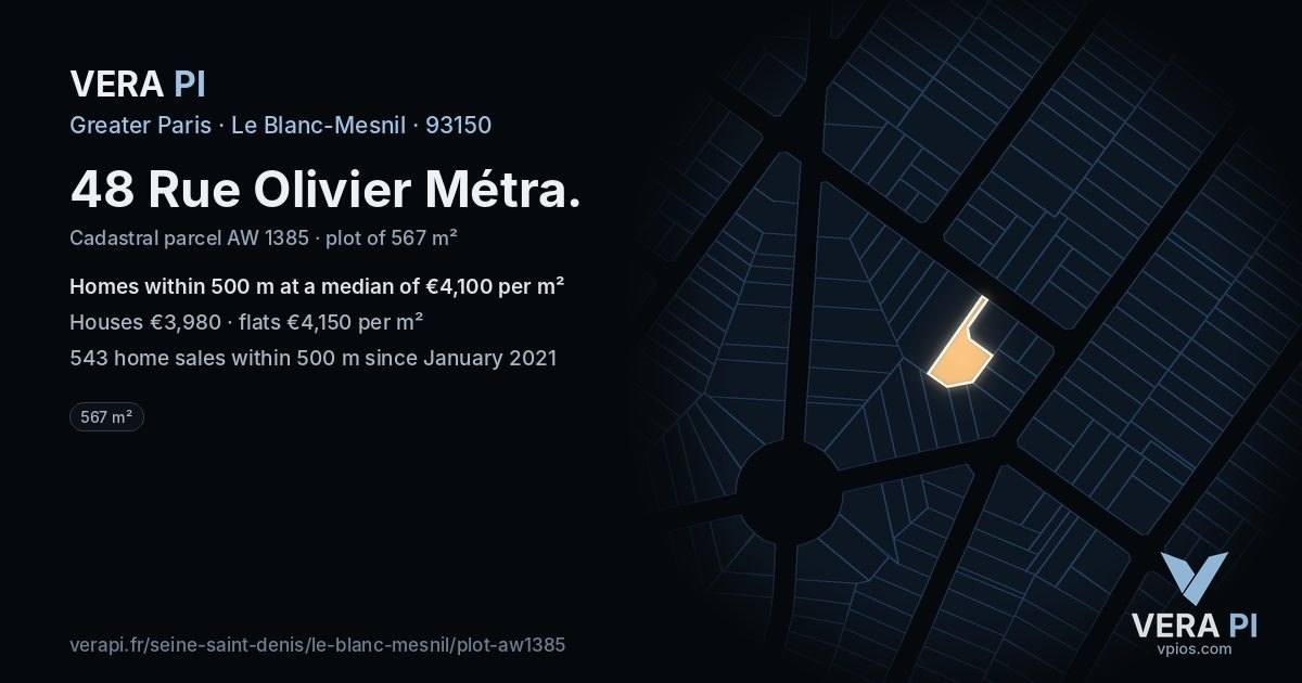 48 Rue Olivier Métra, Le Blanc-Mesnil at night – the plot lit, the parcels around coloured by the prices near them