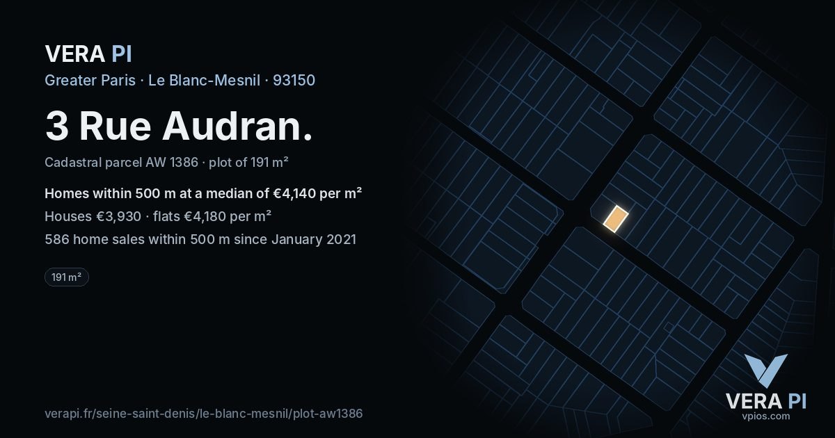 3 Rue Audran, Le Blanc-Mesnil at night – the plot lit, the parcels around coloured by the prices near them
