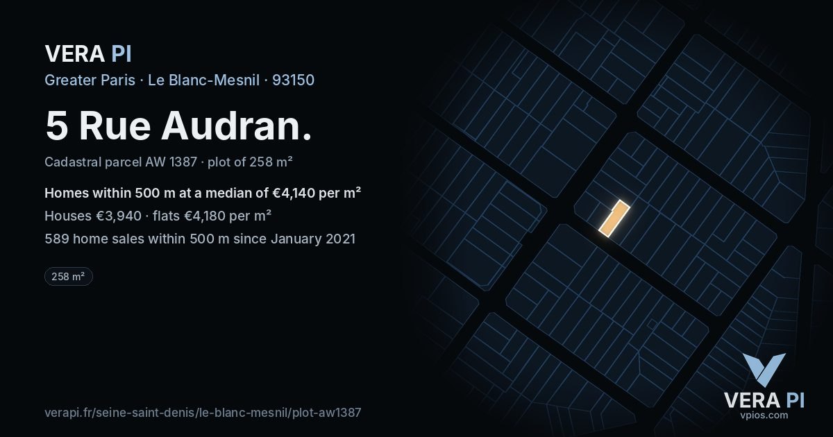 5 Rue Audran, Le Blanc-Mesnil at night – the plot lit, the parcels around coloured by the prices near them