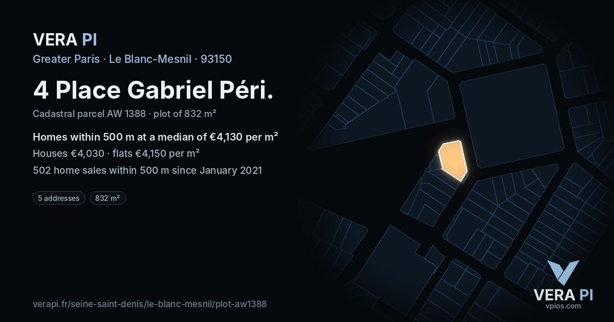 4 Place Gabriel Péri, Le Blanc-Mesnil at night – the plot lit, the parcels around coloured by the prices near them