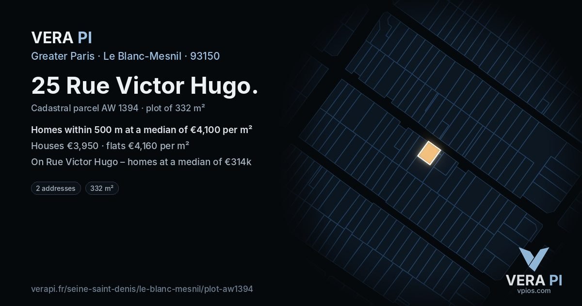 25 Rue Victor Hugo, Le Blanc-Mesnil at night – the plot lit, the parcels around coloured by the prices near them