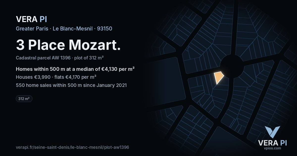 3 Place Mozart, Le Blanc-Mesnil at night – the plot lit, the parcels around coloured by the prices near them