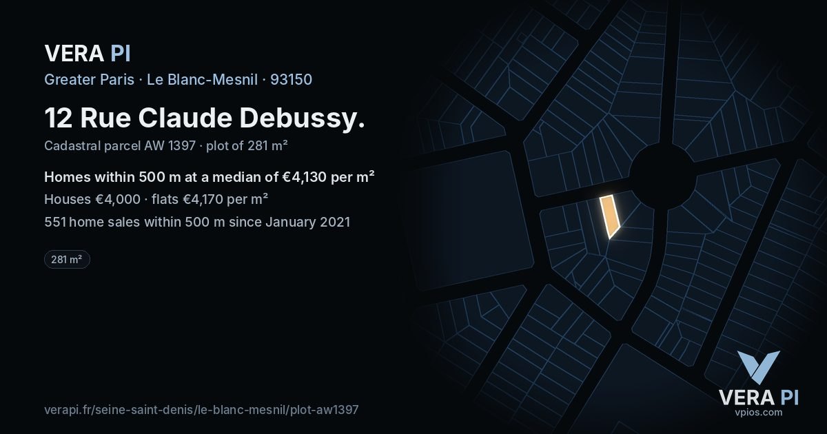 12 Rue Claude Debussy, Le Blanc-Mesnil at night – the plot lit, the parcels around coloured by the prices near them