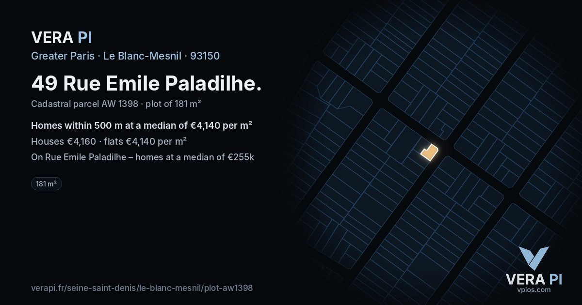 49 Rue Emile Paladilhe, Le Blanc-Mesnil at night – the plot lit, the parcels around coloured by the prices near them