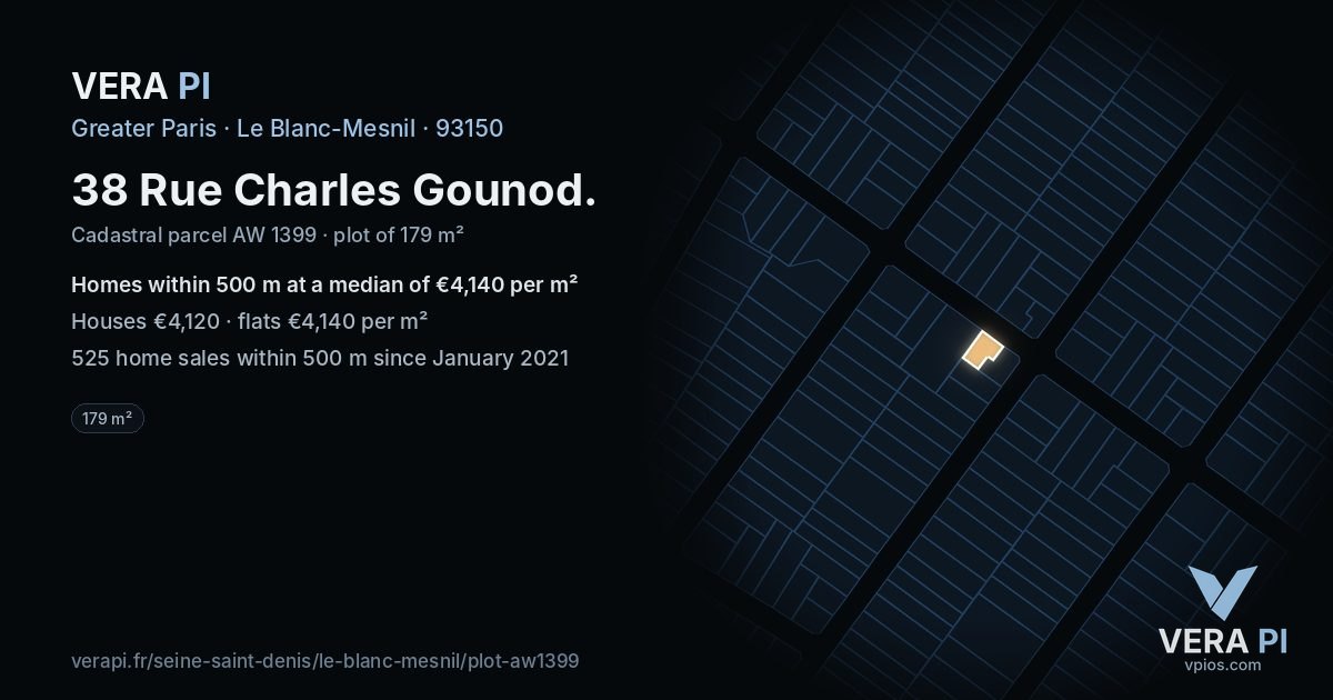 38 Rue Charles Gounod, Le Blanc-Mesnil at night – the plot lit, the parcels around coloured by the prices near them