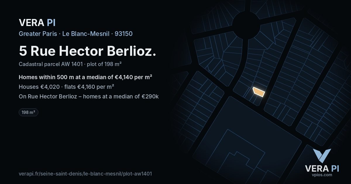 5 Rue Hector Berlioz, Le Blanc-Mesnil at night – the plot lit, the parcels around coloured by the prices near them