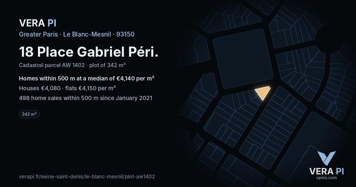 18 Place Gabriel Péri, Le Blanc-Mesnil at night – the plot lit, the parcels around coloured by the prices near them