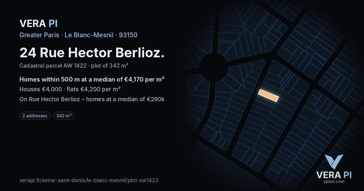 24 Rue Hector Berlioz, Le Blanc-Mesnil at night – the plot lit, the parcels around coloured by the prices near them