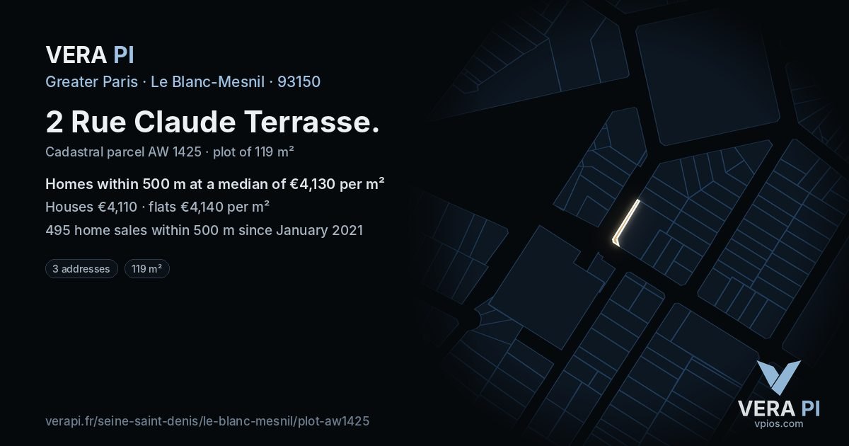 2 Rue Claude Terrasse, Le Blanc-Mesnil at night – the plot lit, the parcels around coloured by the prices near them