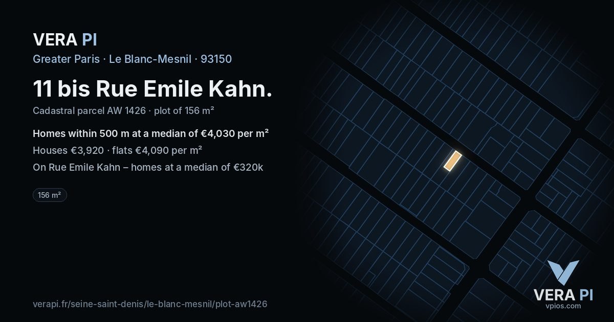 11 bis Rue Emile Kahn, Le Blanc-Mesnil at night – the plot lit, the parcels around coloured by the prices near them