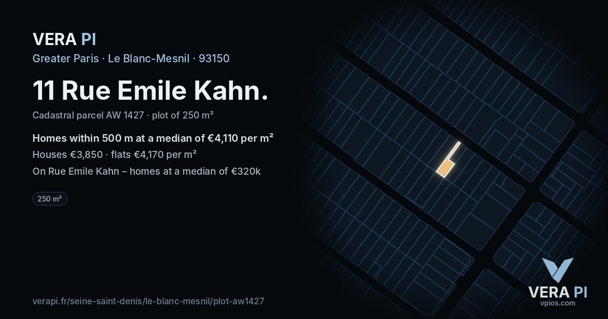 11 Rue Emile Kahn, Le Blanc-Mesnil at night – the plot lit, the parcels around coloured by the prices near them