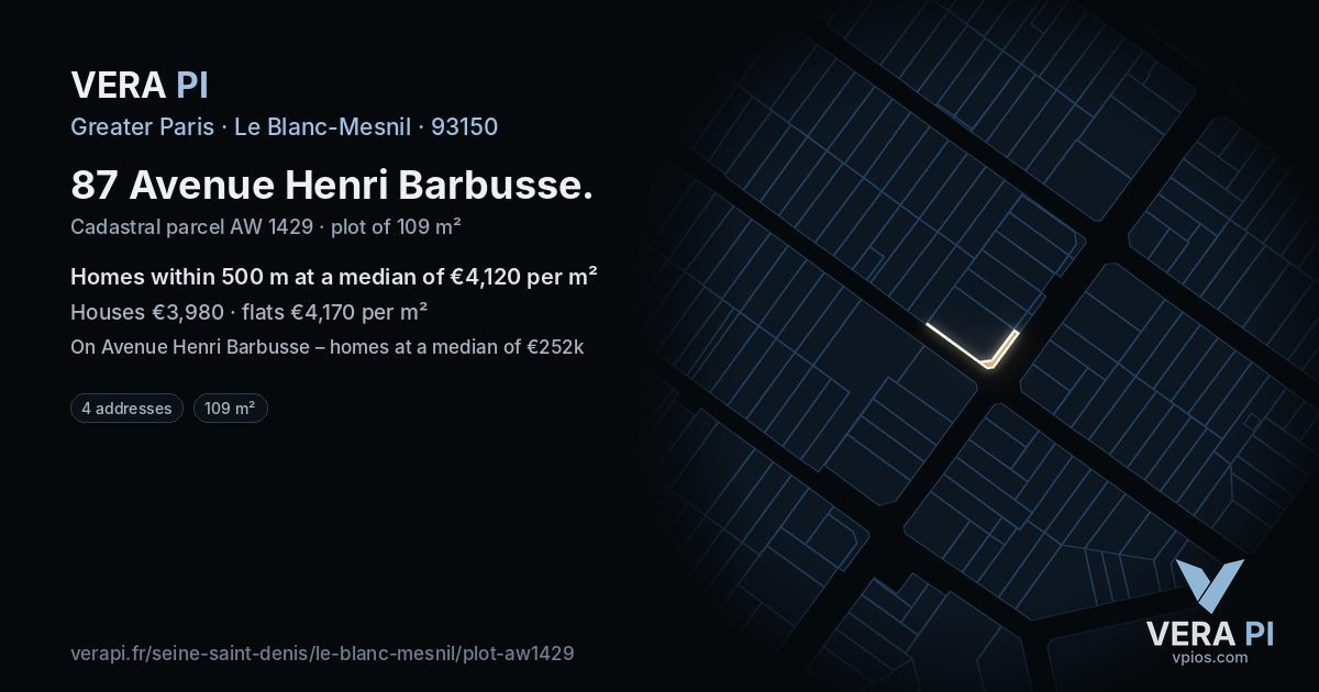 87 Avenue Henri Barbusse, Le Blanc-Mesnil at night – the plot lit, the parcels around coloured by the prices near them