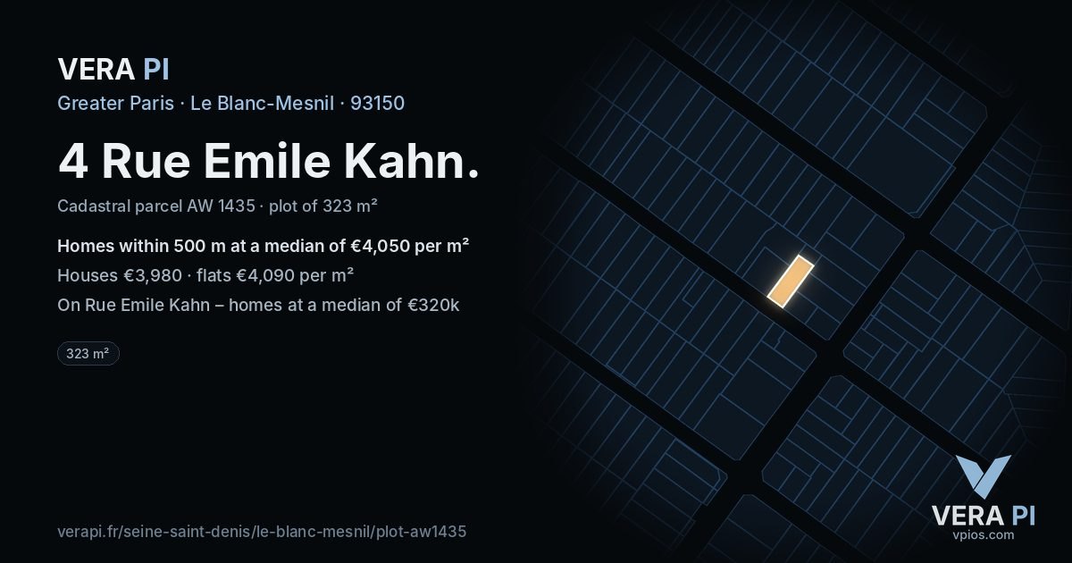 4 Rue Emile Kahn, Le Blanc-Mesnil at night – the plot lit, the parcels around coloured by the prices near them