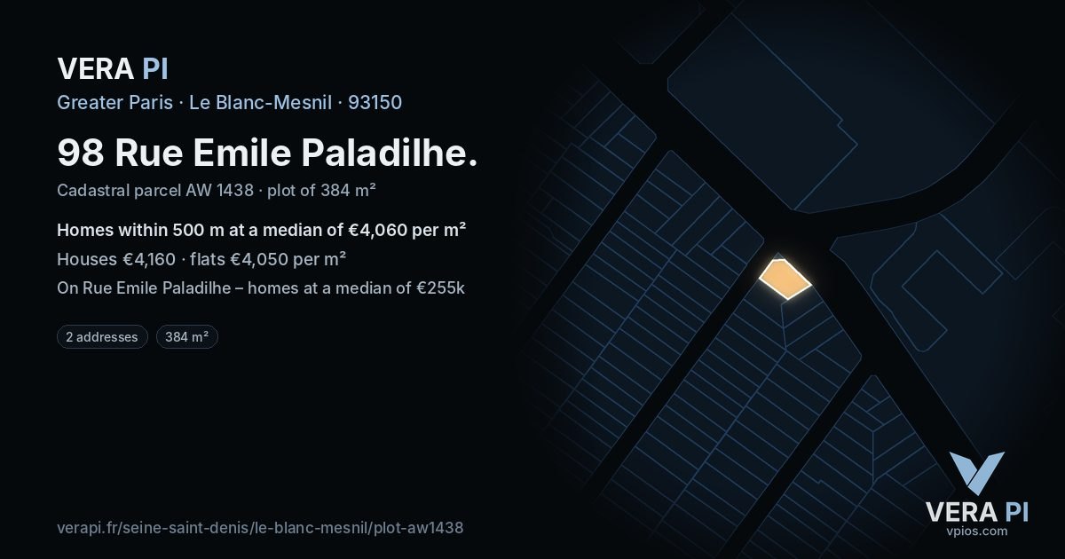 98 Rue Emile Paladilhe, Le Blanc-Mesnil at night – the plot lit, the parcels around coloured by the prices near them