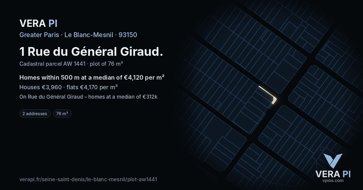 1 Rue du Général Giraud, Le Blanc-Mesnil at night – the plot lit, the parcels around coloured by the prices near them