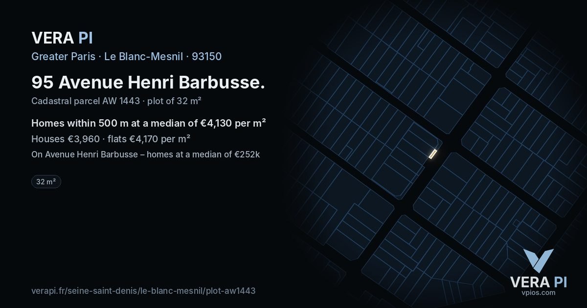 95 Avenue Henri Barbusse, Le Blanc-Mesnil at night – the plot lit, the parcels around coloured by the prices near them