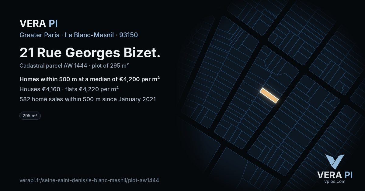 21 Rue Georges Bizet, Le Blanc-Mesnil at night – the plot lit, the parcels around coloured by the prices near them