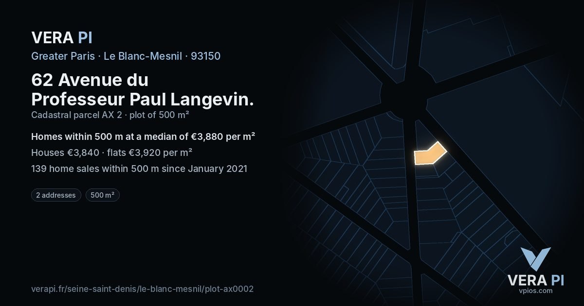 62 Avenue du Professeur Paul Langevin, Le Blanc-Mesnil at night – the plot lit, the parcels around coloured by the prices near them