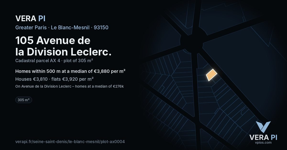 105 Avenue de la Division Leclerc, Le Blanc-Mesnil at night – the plot lit, the parcels around coloured by the prices near them
