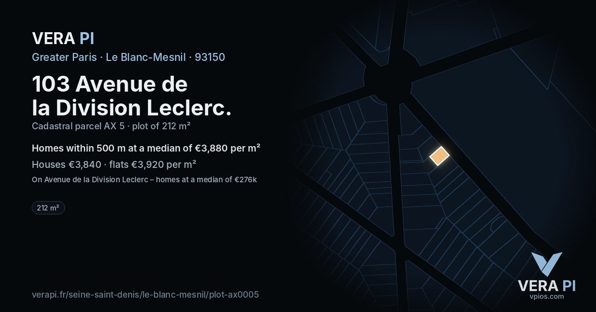 103 Avenue de la Division Leclerc, Le Blanc-Mesnil at night – the plot lit, the parcels around coloured by the prices near them
