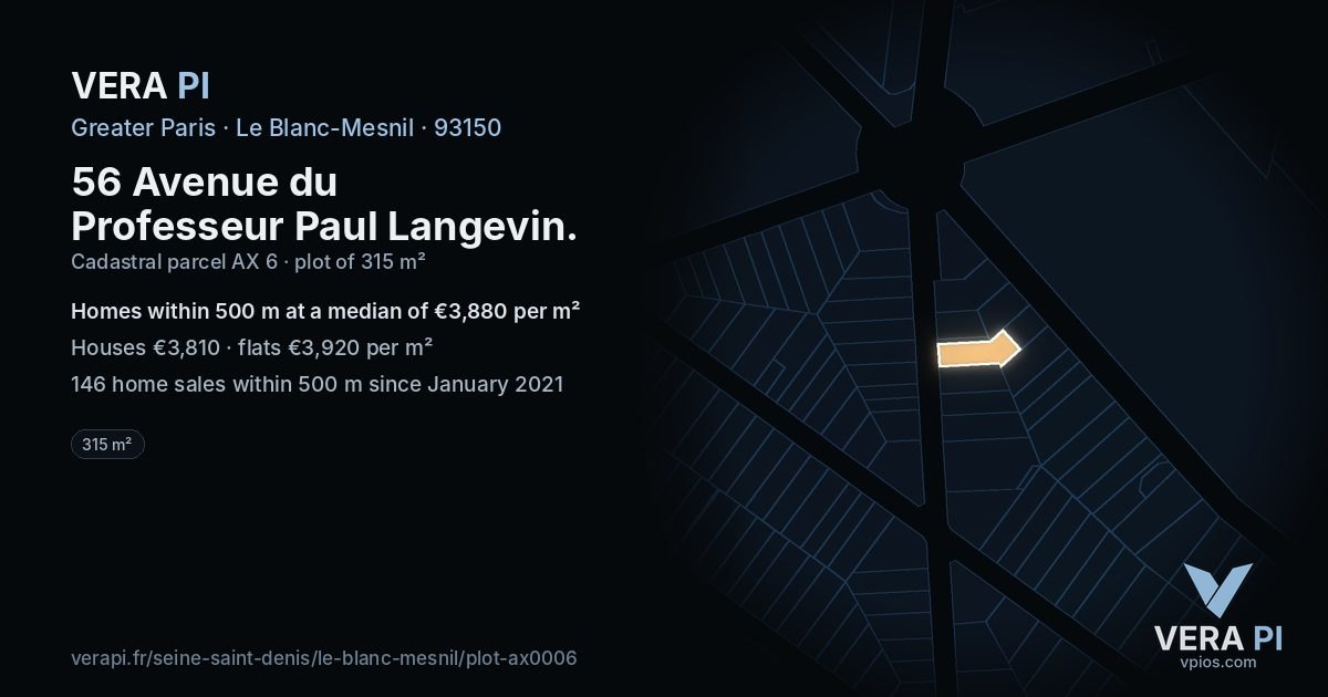 56 Avenue du Professeur Paul Langevin, Le Blanc-Mesnil at night – the plot lit, the parcels around coloured by the prices near them