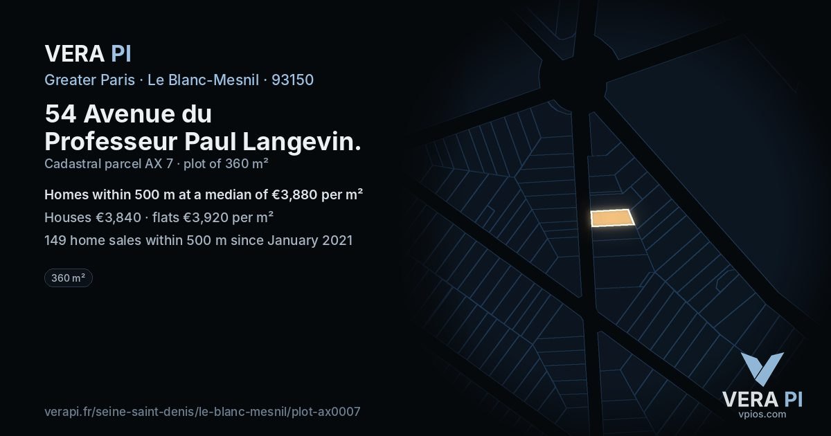 54 Avenue du Professeur Paul Langevin, Le Blanc-Mesnil at night – the plot lit, the parcels around coloured by the prices near them