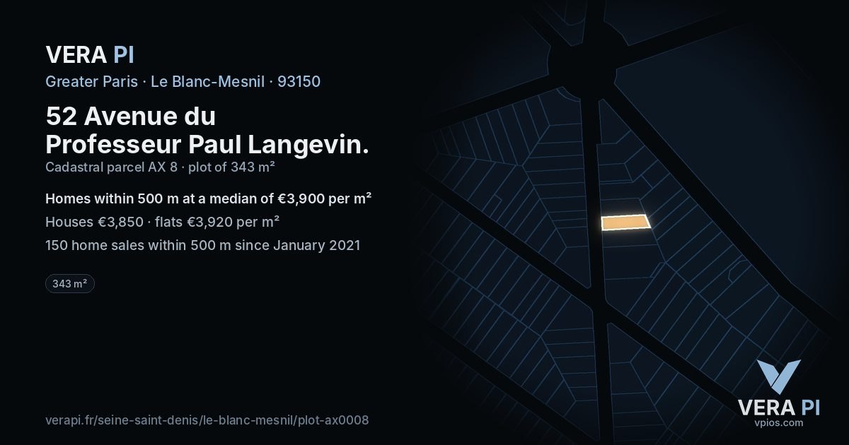 52 Avenue du Professeur Paul Langevin, Le Blanc-Mesnil at night – the plot lit, the parcels around coloured by the prices near them