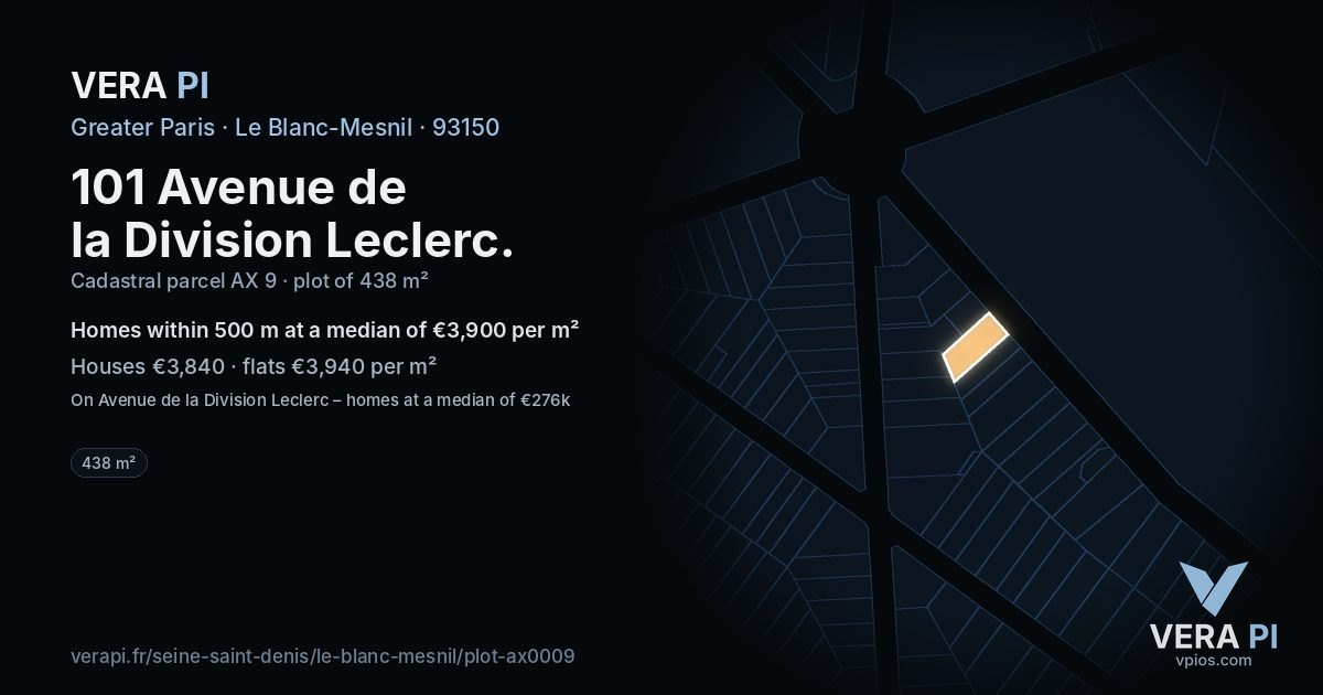 101 Avenue de la Division Leclerc, Le Blanc-Mesnil at night – the plot lit, the parcels around coloured by the prices near them