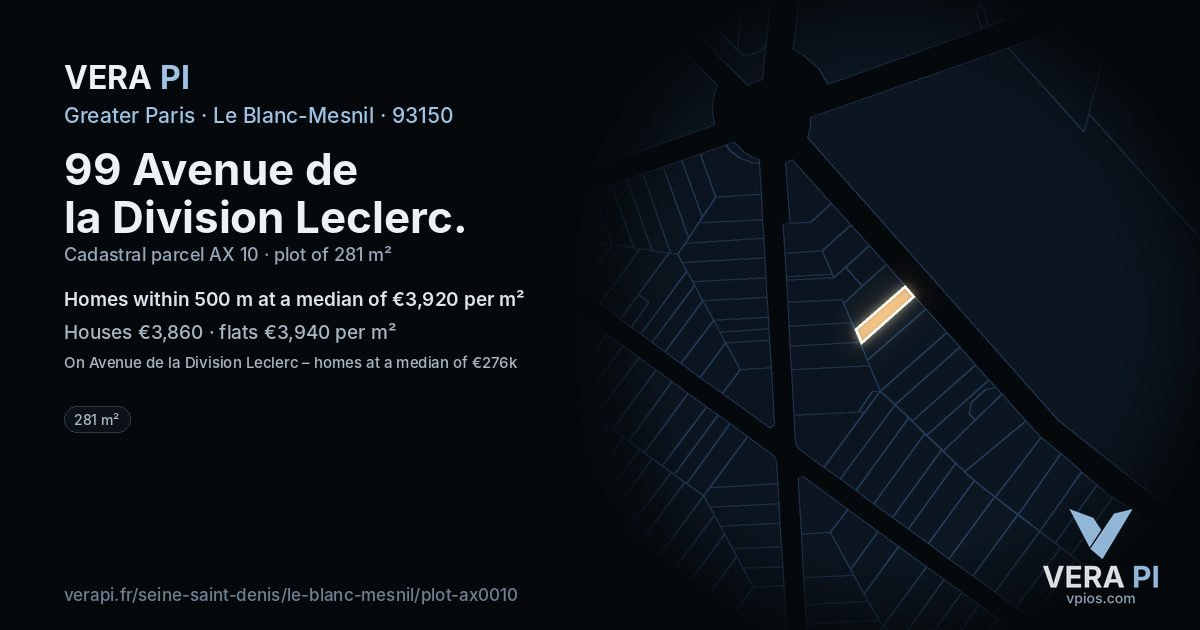 99 Avenue de la Division Leclerc, Le Blanc-Mesnil at night – the plot lit, the parcels around coloured by the prices near them