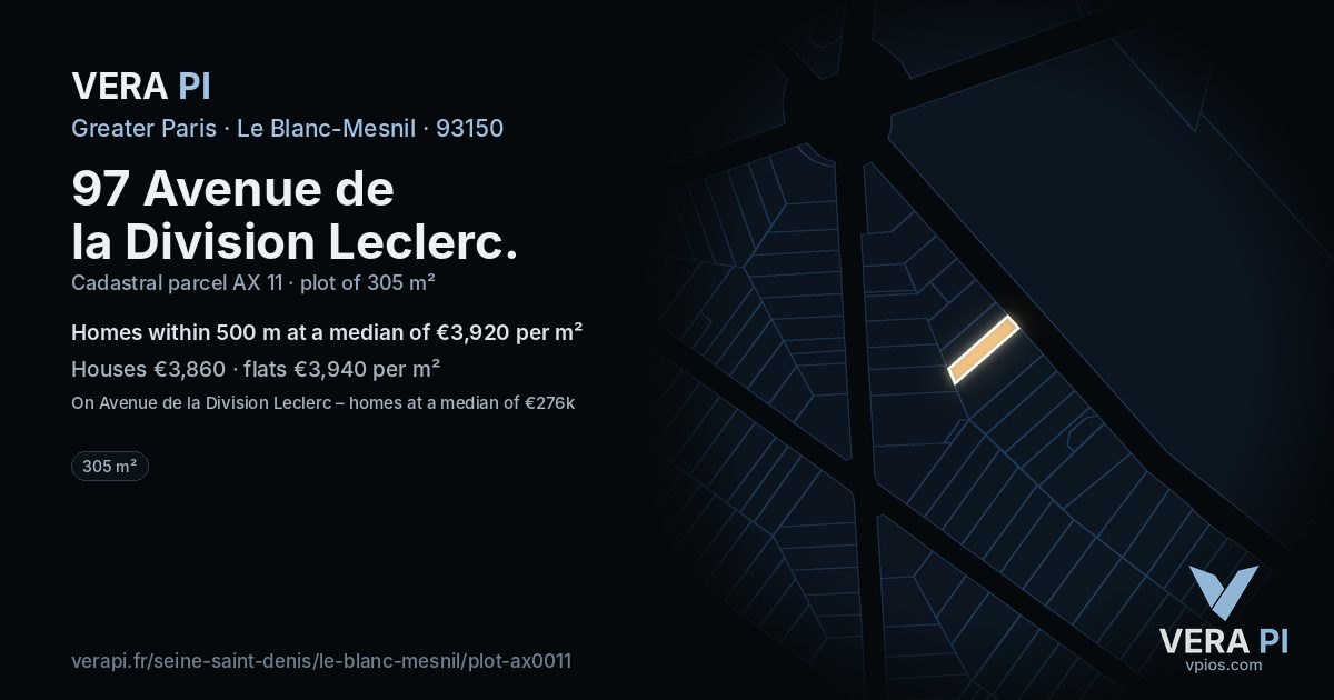 97 Avenue de la Division Leclerc, Le Blanc-Mesnil at night – the plot lit, the parcels around coloured by the prices near them