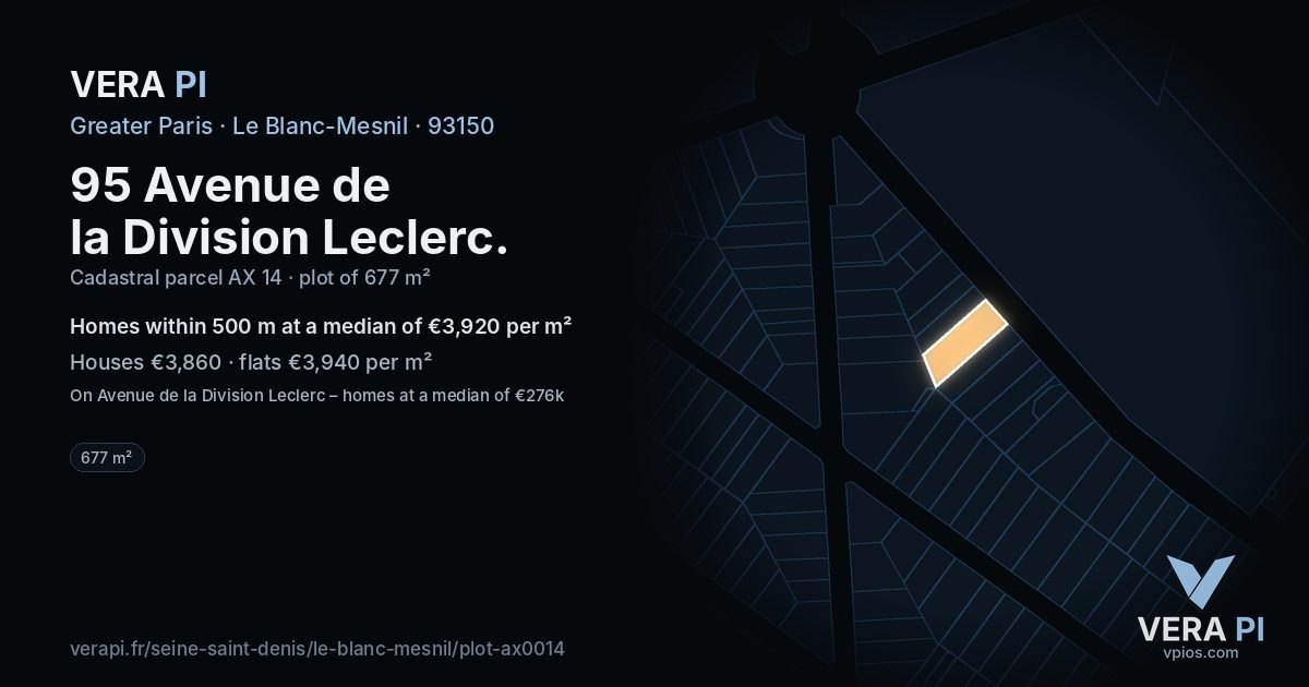 95 Avenue de la Division Leclerc, Le Blanc-Mesnil at night – the plot lit, the parcels around coloured by the prices near them
