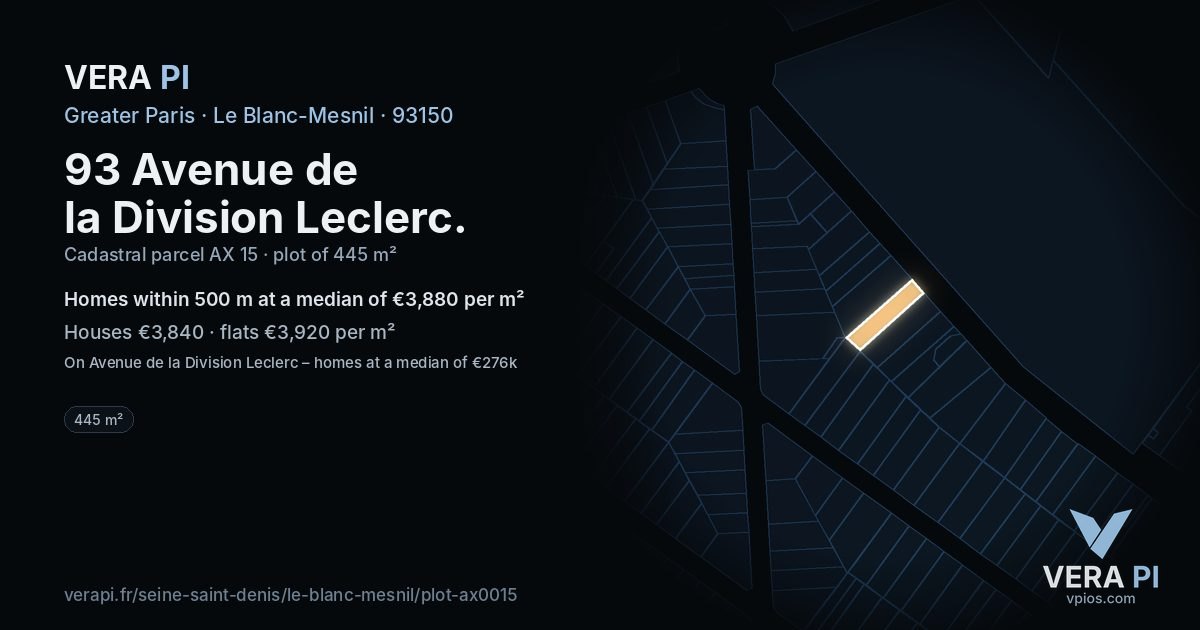 93 Avenue de la Division Leclerc, Le Blanc-Mesnil at night – the plot lit, the parcels around coloured by the prices near them