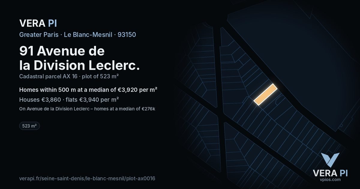 91 Avenue de la Division Leclerc, Le Blanc-Mesnil at night – the plot lit, the parcels around coloured by the prices near them