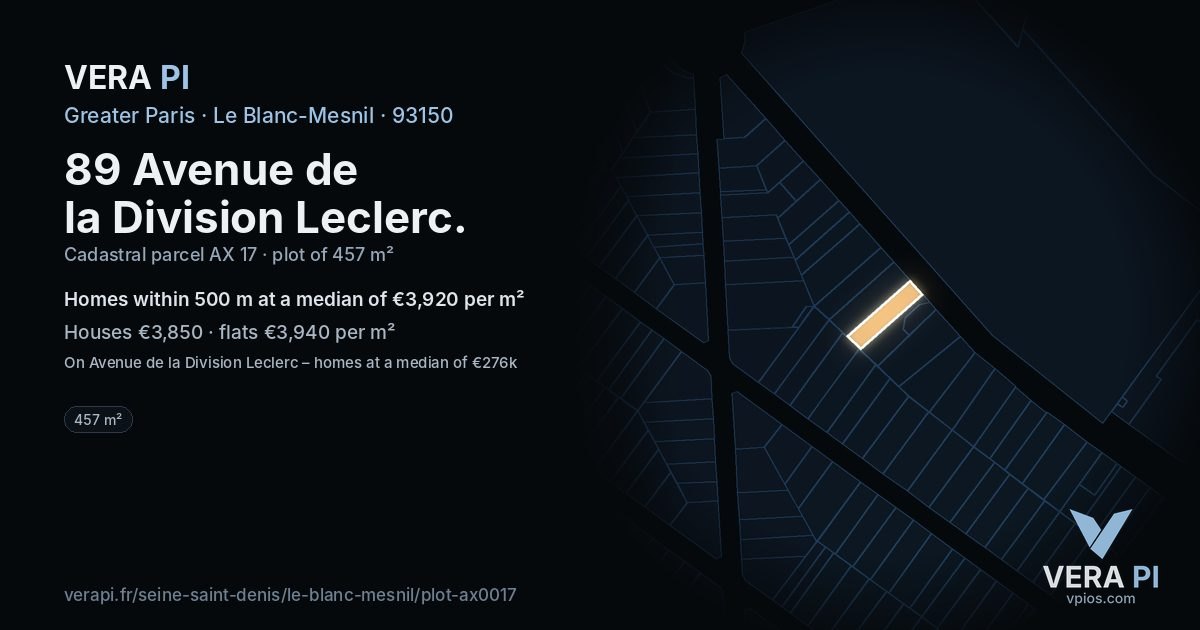 89 Avenue de la Division Leclerc, Le Blanc-Mesnil at night – the plot lit, the parcels around coloured by the prices near them