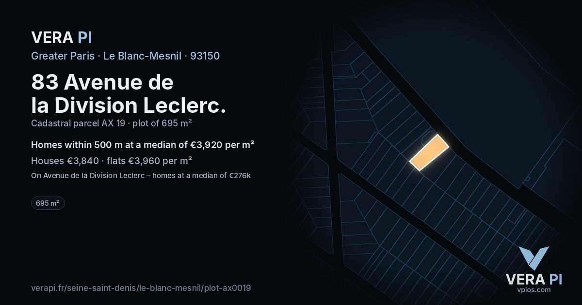 83 Avenue de la Division Leclerc, Le Blanc-Mesnil at night – the plot lit, the parcels around coloured by the prices near them