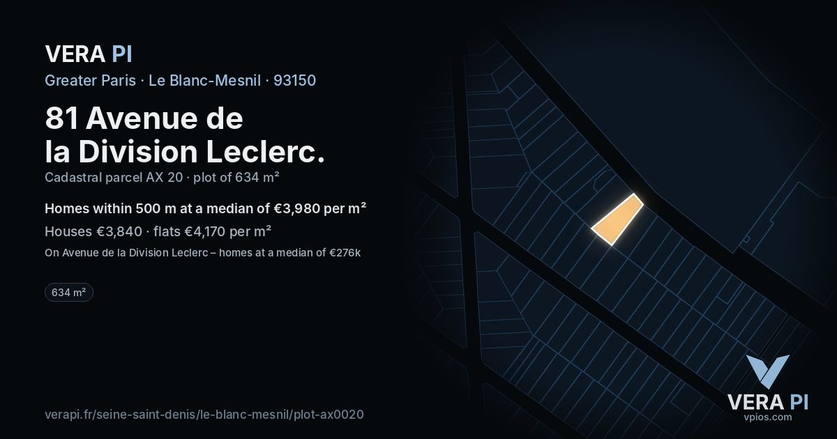 81 Avenue de la Division Leclerc, Le Blanc-Mesnil at night – the plot lit, the parcels around coloured by the prices near them