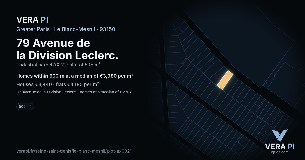 79 Avenue de la Division Leclerc, Le Blanc-Mesnil at night – the plot lit, the parcels around coloured by the prices near them